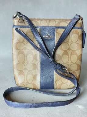 Coach PVC Leather North/South Crossbody Swingpack- Khaki/Midnight Navy